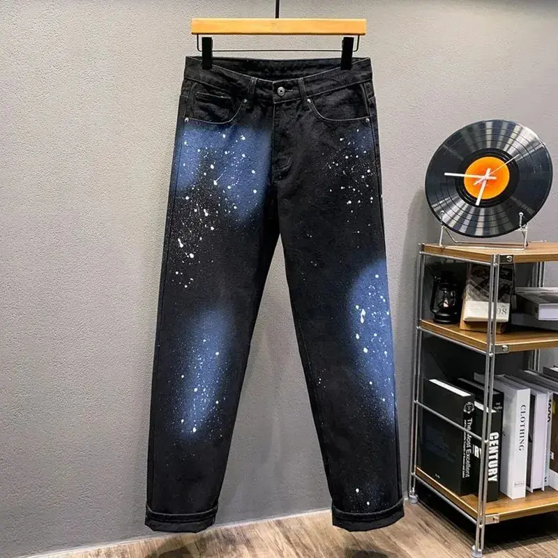 Menswear Baggy Stretch Denim Pants - Men's High Street Style Straight Leg Jeans with Streetwear Print, Casual Fit, Baggy Fit, All Over Print, Asian, Other, Straight Pants, Baggy Waistband Men's Jeans