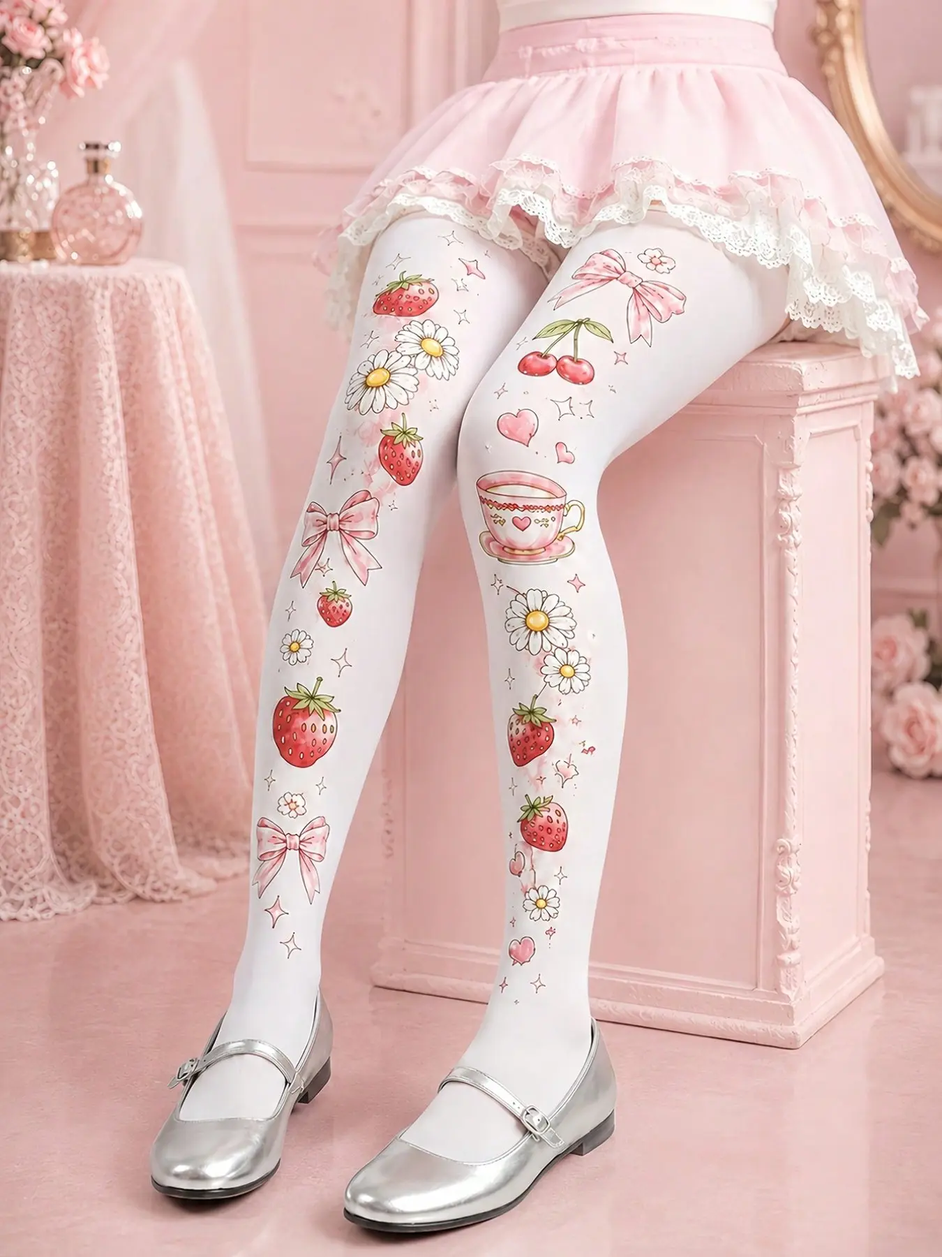Velvet Women's Printed Stockings with Bow, Cherry Strawberry Pattern, Cute Style, Suitable for Daily Commuting, Spring and Autumn