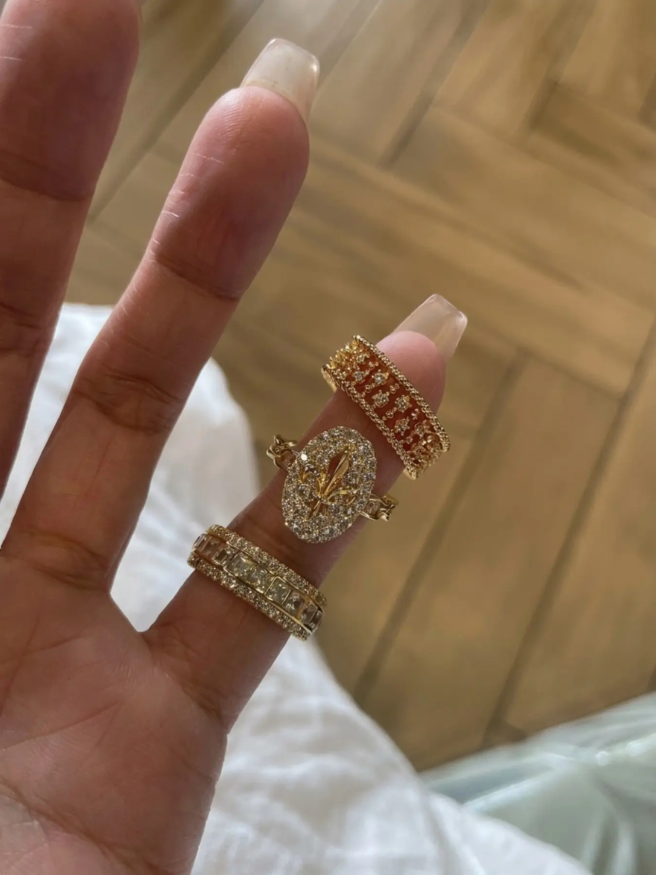 3 Pcs Iris Full Diamond Ring Set Luxury European Court Style Rhinestone Multi-Layer Stackable Open Stainless Steel Ring Stacks Rings for Women
