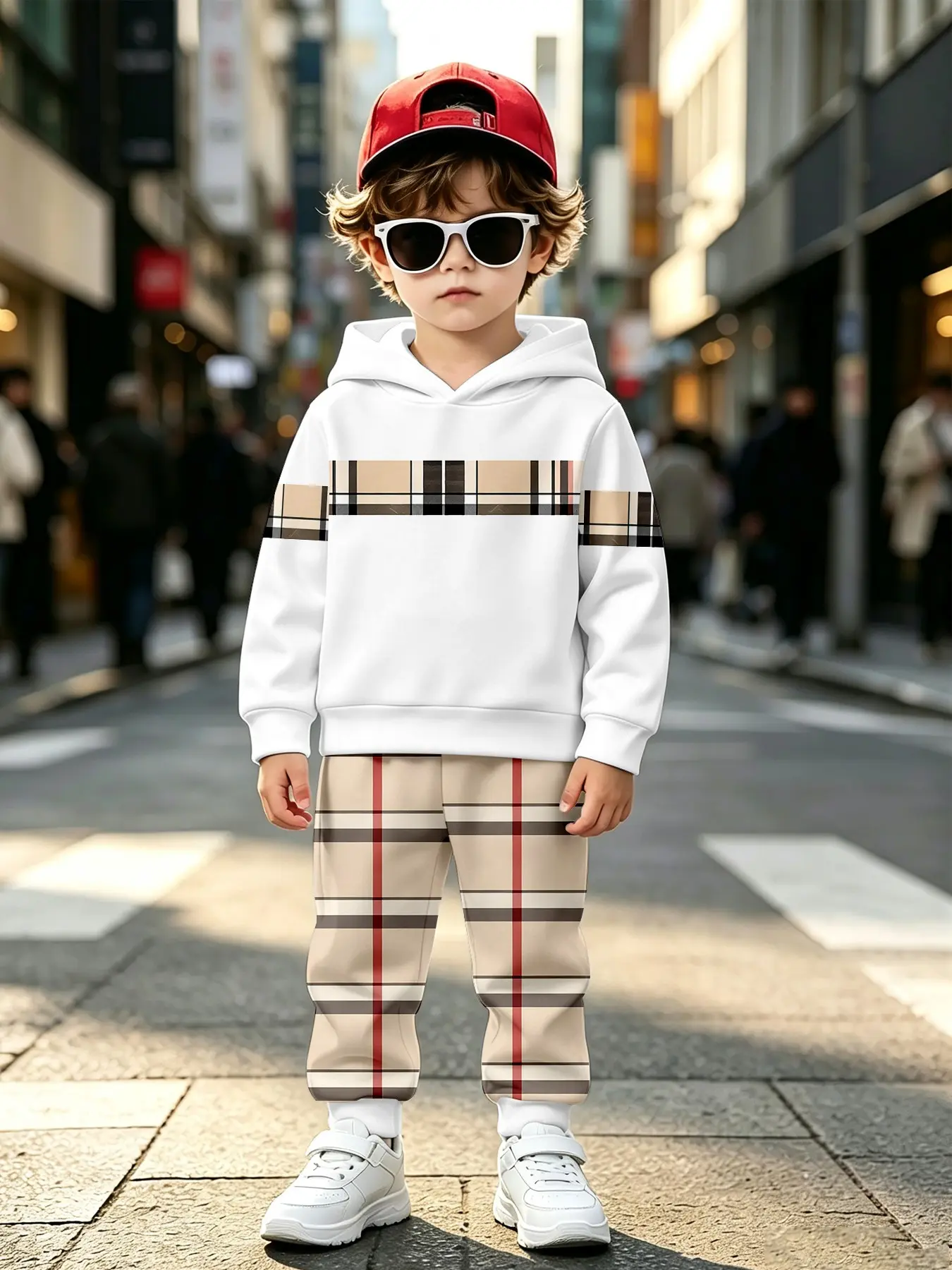 Classic Full-Print Boys' Versatile Hooded Two-Piece Set, Long Sleeve Loose-Fit Sweatpants, Fall & Winter Casual