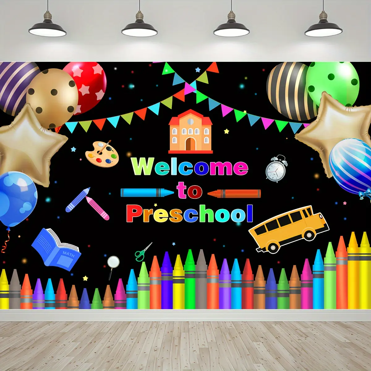Welcome Banner Tapestry – Black Fabric Classroom Backdrop with Pencil and Balloon Design. Perfect for Entrance Decor, Event Displays, and Education-Themed Photography.