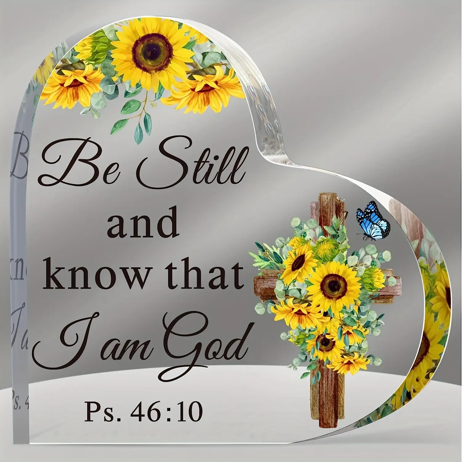 Sunflower Cross Heart Acrylic Plaque Be Still and Know I Am God Bible Verse Christian Desktop Ornament Gift