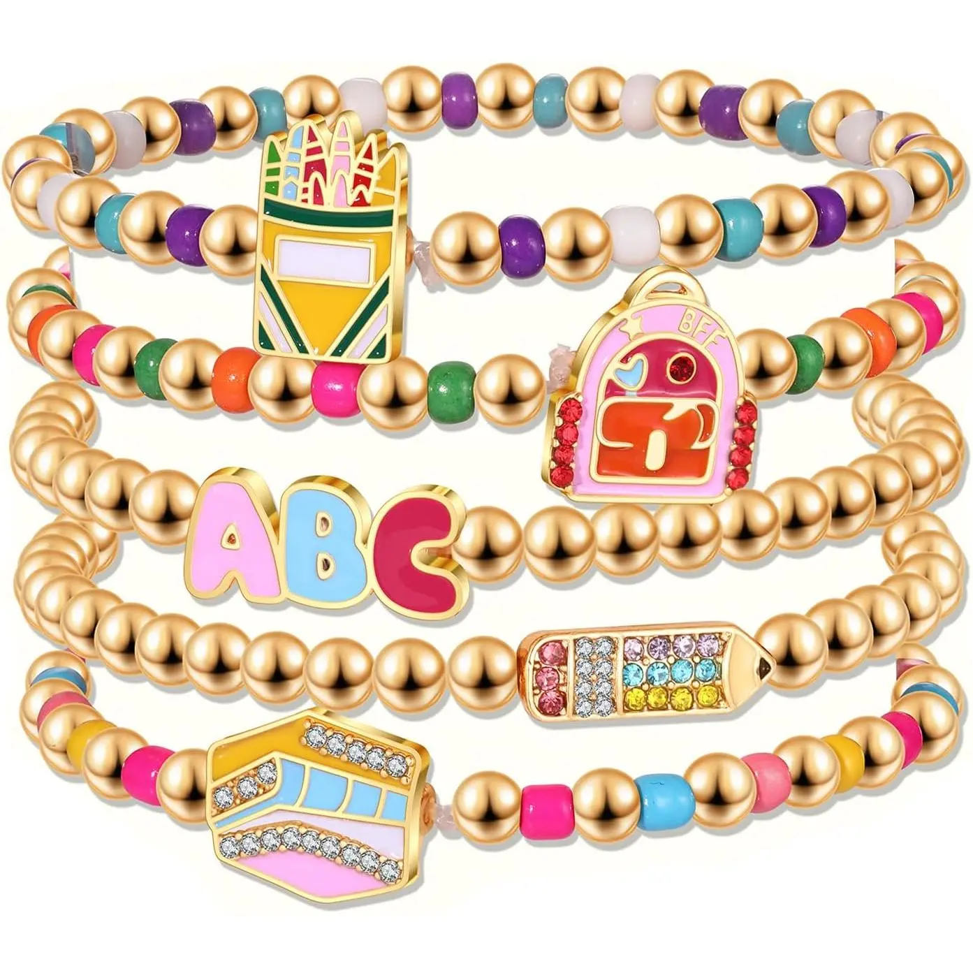 To School Bracelets Set  of School Pencil Backpack Charm  Beaded Stackable Bracelets Teacher's Day Appreciation Weeked  Accessory