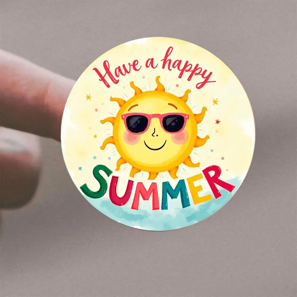 72 Summer Greeting Stickers, Beach Theme Round Stickers, Sun, Sunglasses, Text, Fun Phrases, Craft Projects, Party Decor, Seasonal Display