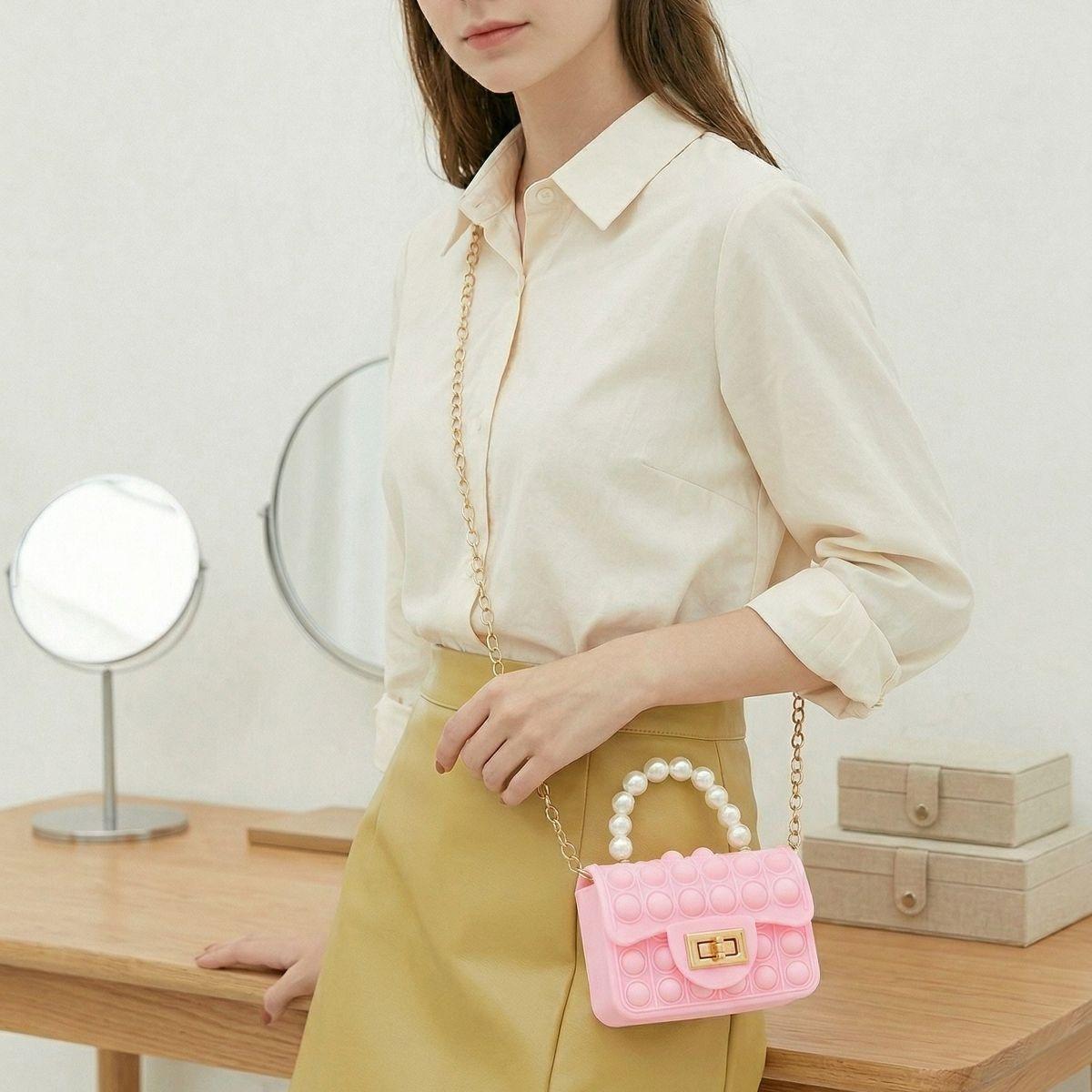 Women's Stylish Pop Bag Silicone Shoulder Bag with Pearl Handle, Chain and Mini Coin Purse for Daily Travel