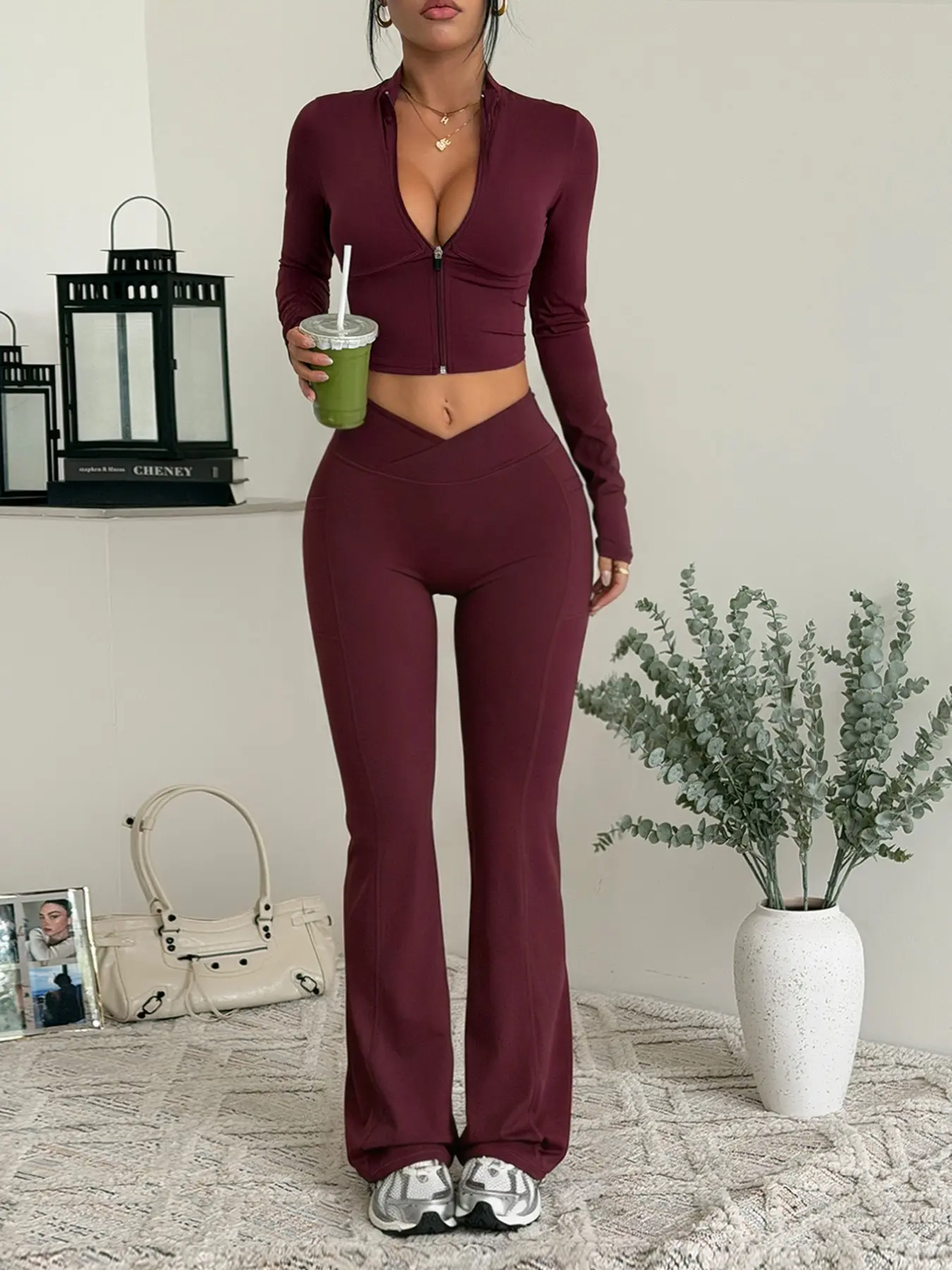 Yoga Set Two-Piece, Stand Collar Zipper Tight Long Sleeve Top, Elastic Stretch Micro Flare Pants, Spring & Fall Casual Suit, Casual Sport Set, Fitness Outfits, Casual Sportswear Outfit