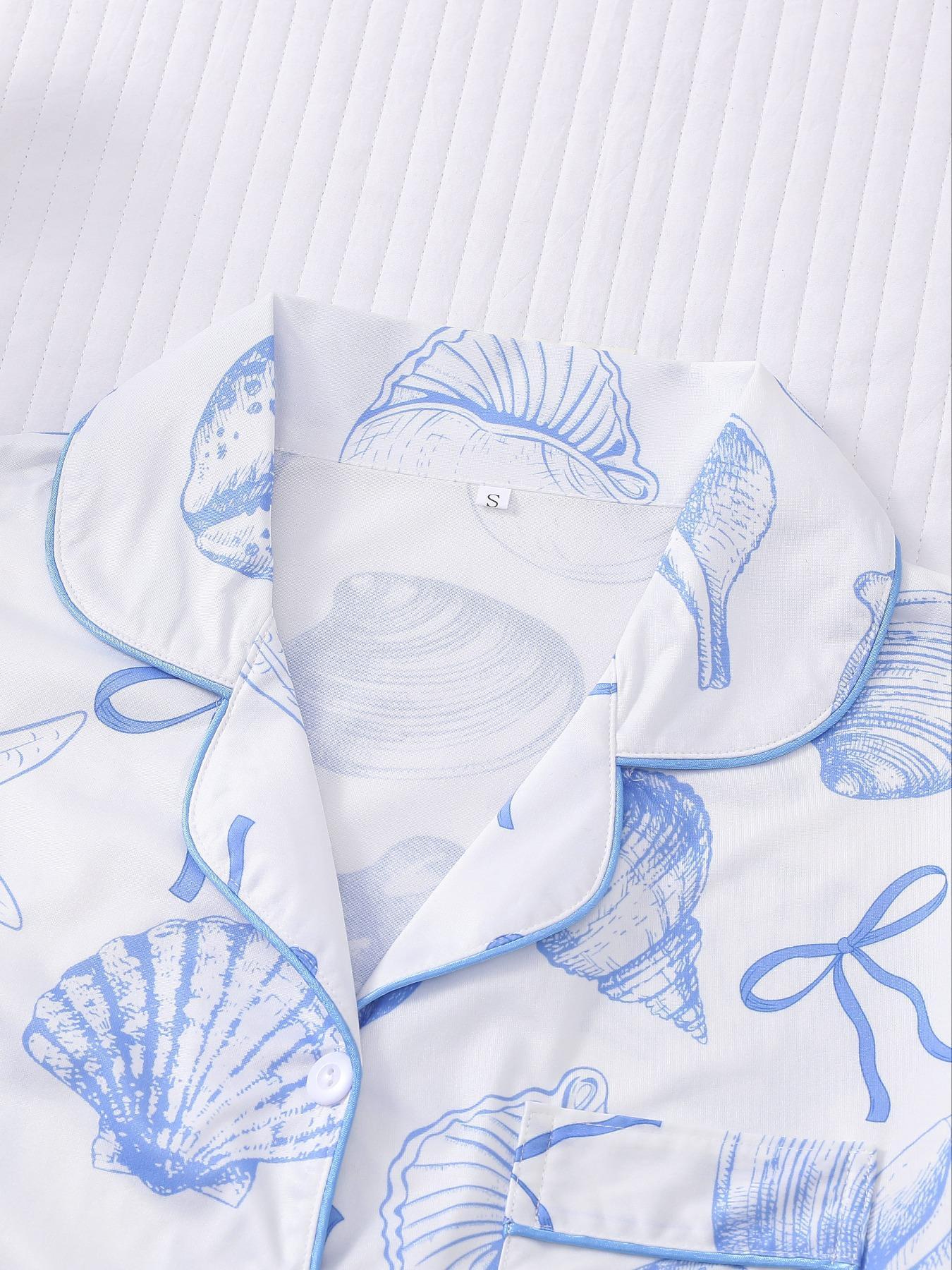 Women's All Over Print Button Front Top & Elastic Waist Shorts Pyjama Two-piece Set, Casual Comfy Short Sleeve Top & Shorts Pj Set, Ladies Sleepwear & Loungewear for All Seasons