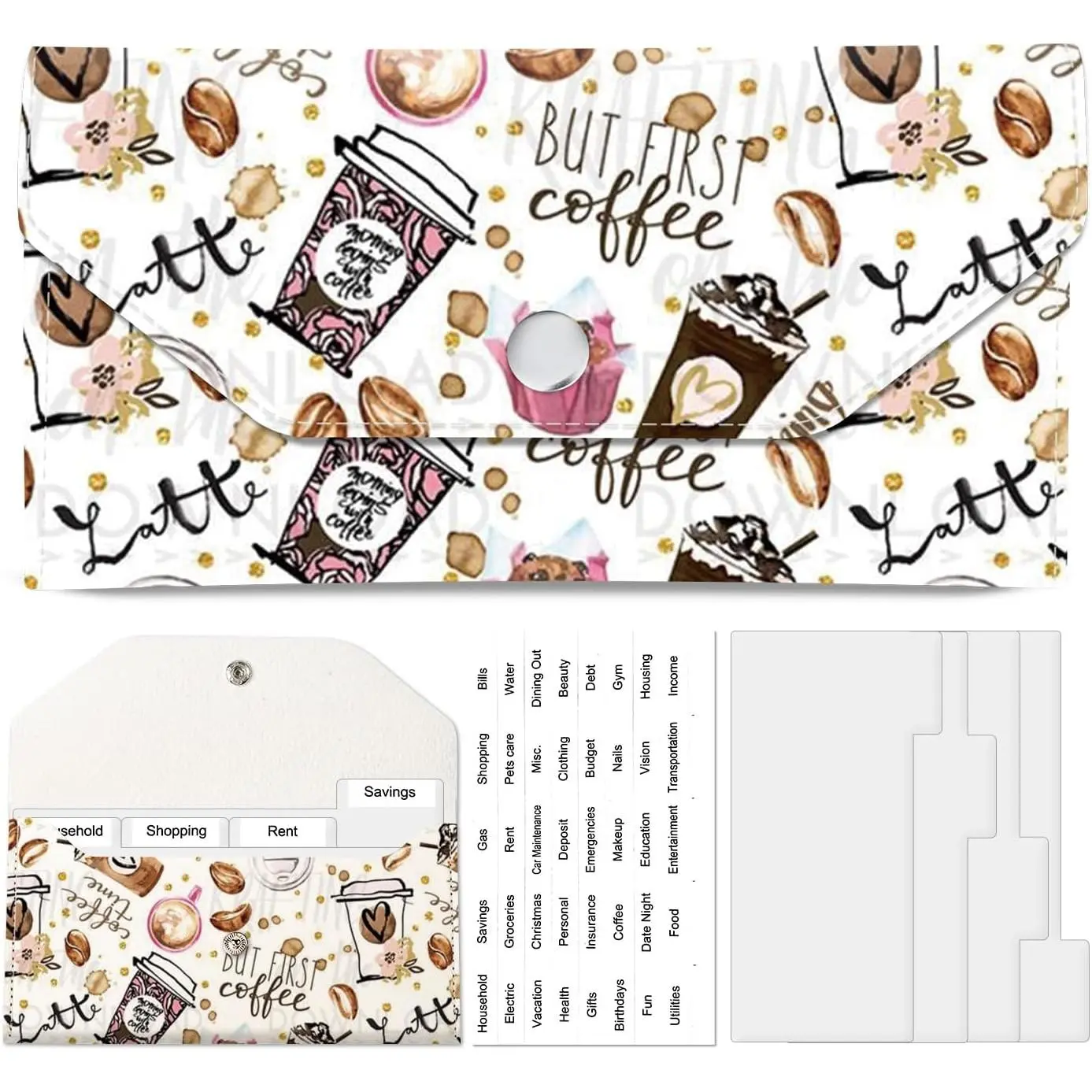 Envelope Wallet,  Budget  Wallet, Cute PU Leather  Saving Wallet with 4 Dividers & 1 Sheet Category Stickers Coffee Bean