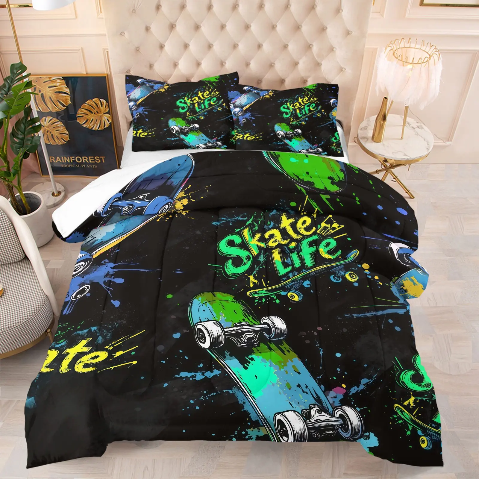 Racing Skateboard Graffiti Print Set, Includes 1 Bedspread and 1 or 2 Pillowcases Without Pillow Inserts, Soft Bedroom Decor for Kids and Adults