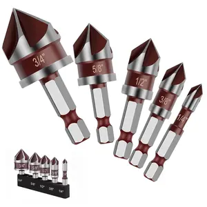 【FathersDayGift】5PCS Countersink Drill Bit Set, Premium Countersink Drill Bit with 82-Degree, 5 Flutes 1/4 Inch Quick-Change Hex Shank, 1/4 Inch to 3/4 Inch Size, Counter Sink Drill Bits for Wood, Metal, Plastic, DIY