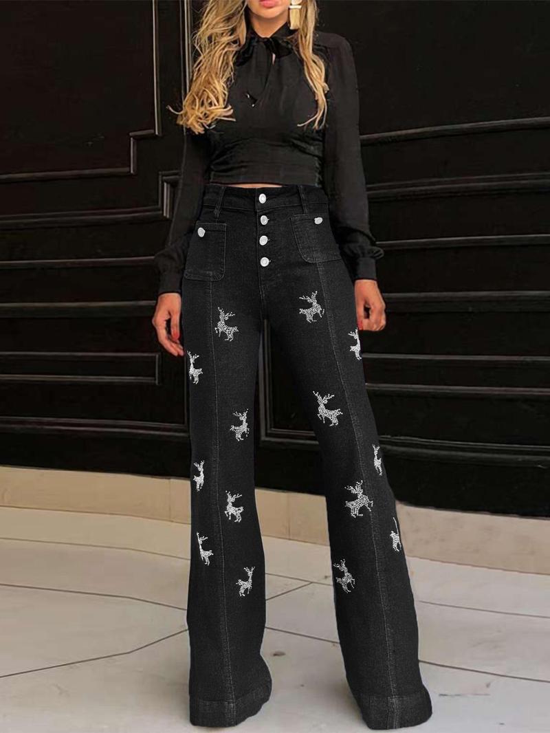 Women's Plain Flare Leg Jeans with Button & Pockets , Casual Bell Bottom Trousers for Daily Wear, Ladies Bottoms for All Seasons