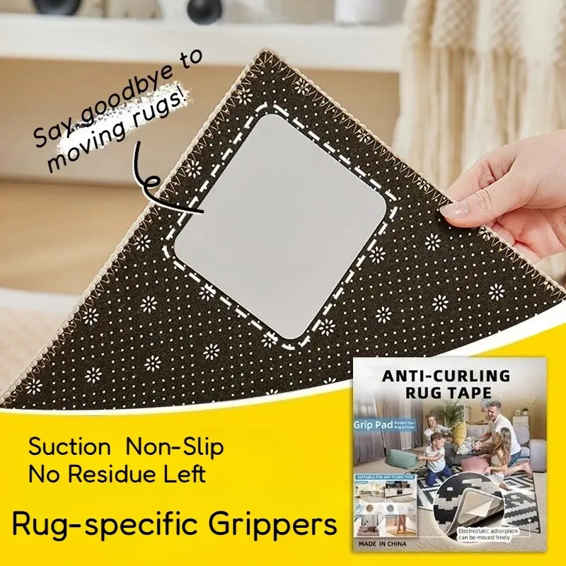 Rug Gripper Stickers in 4 Different Shapes, Suction Non Slip No Residue Left Carpet Sticker Anti Curling, Reusable  PU Adhesive Rug Pad Fixed Tape