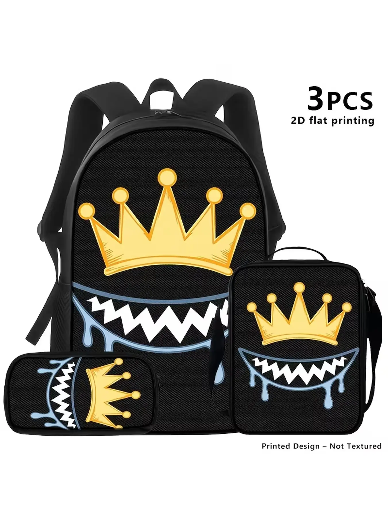 Fall / Winter 3Pcs Backpack Set, Black with Golden Crown & Dripping Jagged Smile Print, Edgy Streetwear Bookbag with Storage Shoulder Bag & Pencil Case, Halloween Christmas Gift for Trendsetters, Everyday Commute & Travel Use