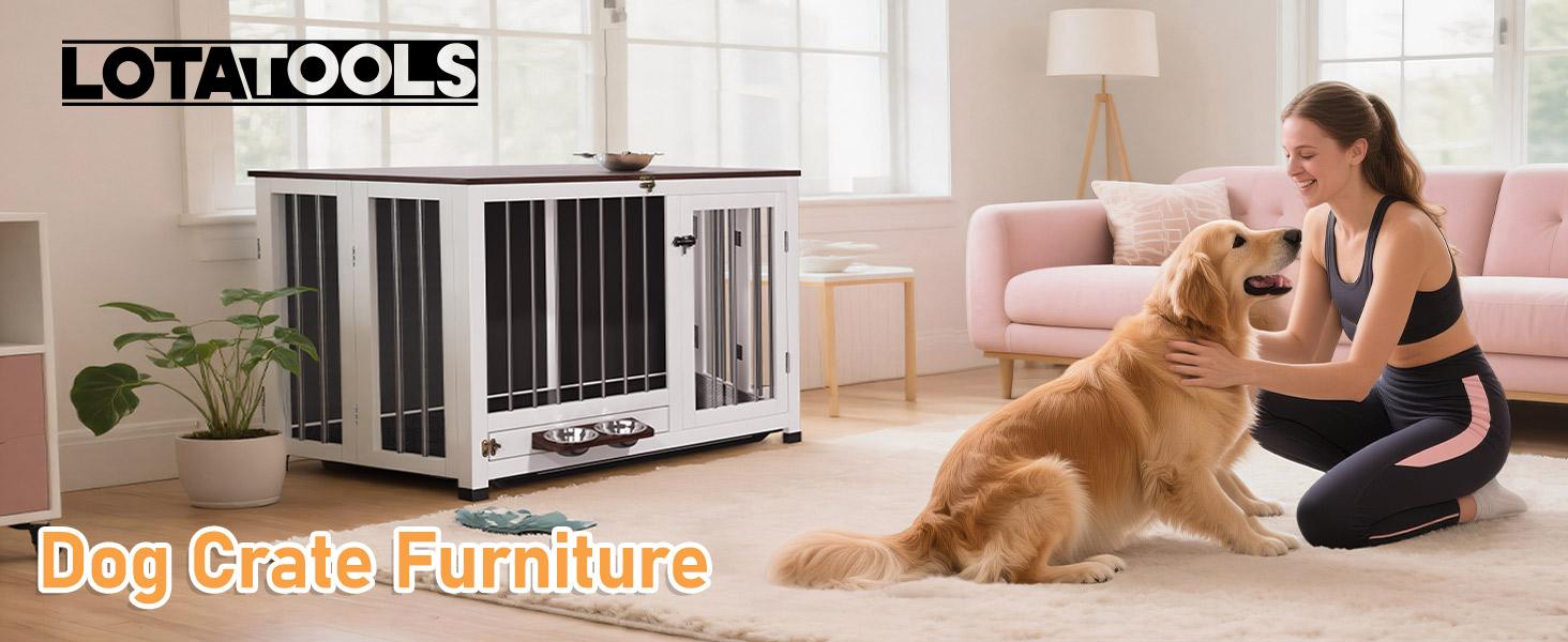 31.5" Wooden Dog Crate Furniture - Foldable Indoor Kennel with 360 °   Rotating Feeder |   Multi-Functional End Table for Small & Medium Dogs |   Portable Pet Cage with Removable Tray & Easy Assembly