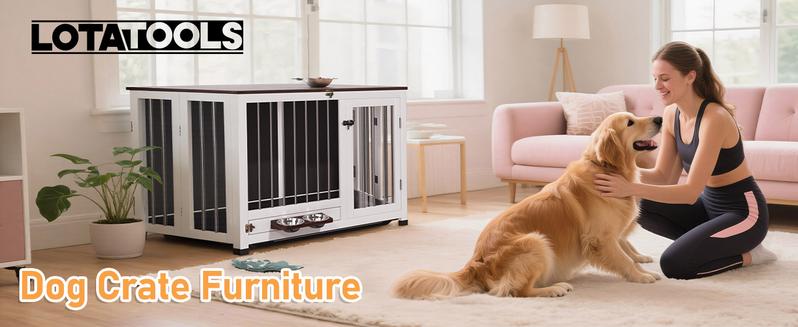 31.5" Wooden Dog Crate Furniture - Foldable Indoor Kennel with 360 °   Rotating Feeder |   Multi-Functional End Table for Small & Medium Dogs |   Portable Pet Cage with Removable Tray & Easy Assembly