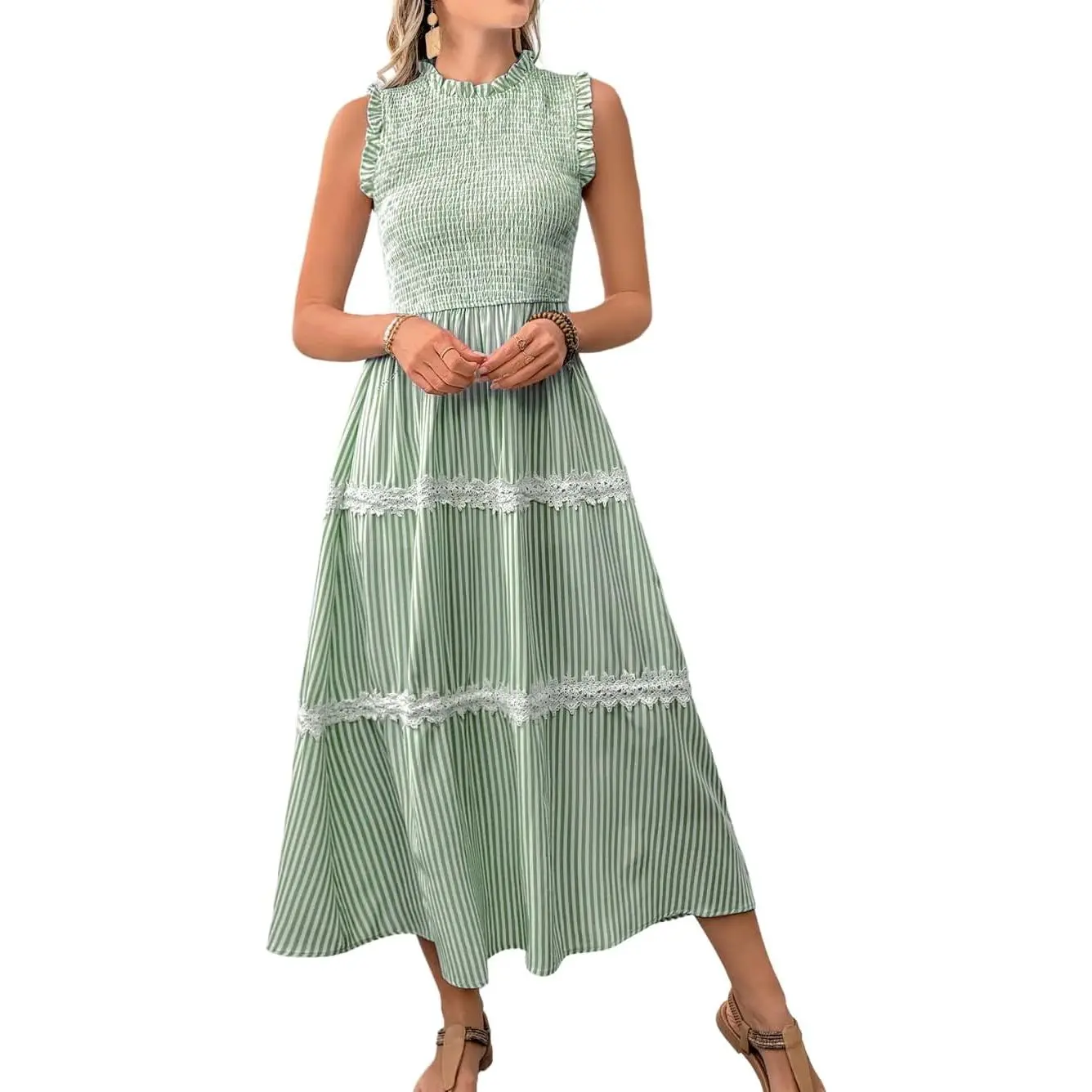 ShawGobow Women's Vintage High-Waisted Casual Striped Midi Dress - Sleeveless, Smocked, Flowy Tiered, Lace Trim Casual Wear for Easter Summer Vacation (Baby-Friendly Fit), Tiered Hem