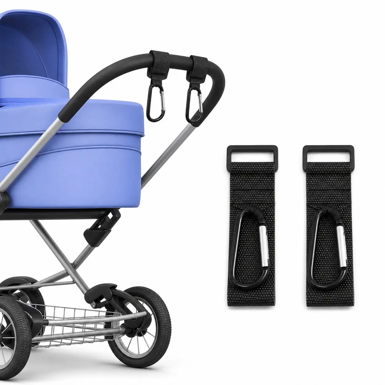2-Piece Baby Stroller Hooks Set, Adjustable Velcro + Strong Carabiner, Portable Storage Accessories, Ideal for Outdoor Use