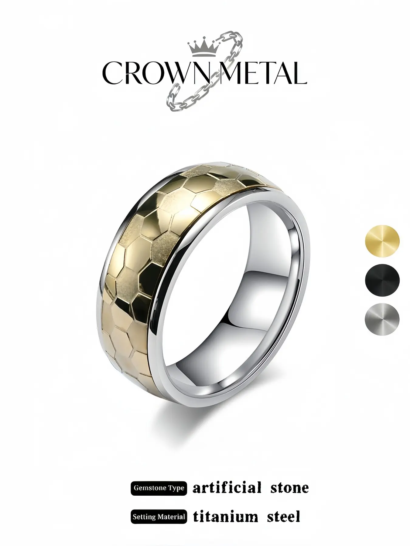 Gold & Silver Two-tone Soccer Texture Titanium Steel Ring, Bright Silver Edged Gold Hexagonal Soccer Surface, Men's Sporty Band, Multiple Colors Available, Gift for Birthday, Anniversary, Father’s Day & Christmas, Sizes 8-13