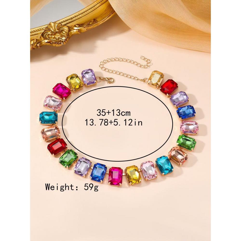 Colorful Dopamine Jewelry, Candy-Colored Large Gemstone Necklace, Bold Rainbow Crystal Necklace, Fashionable Aesthetic Jewelry for Summer Parties