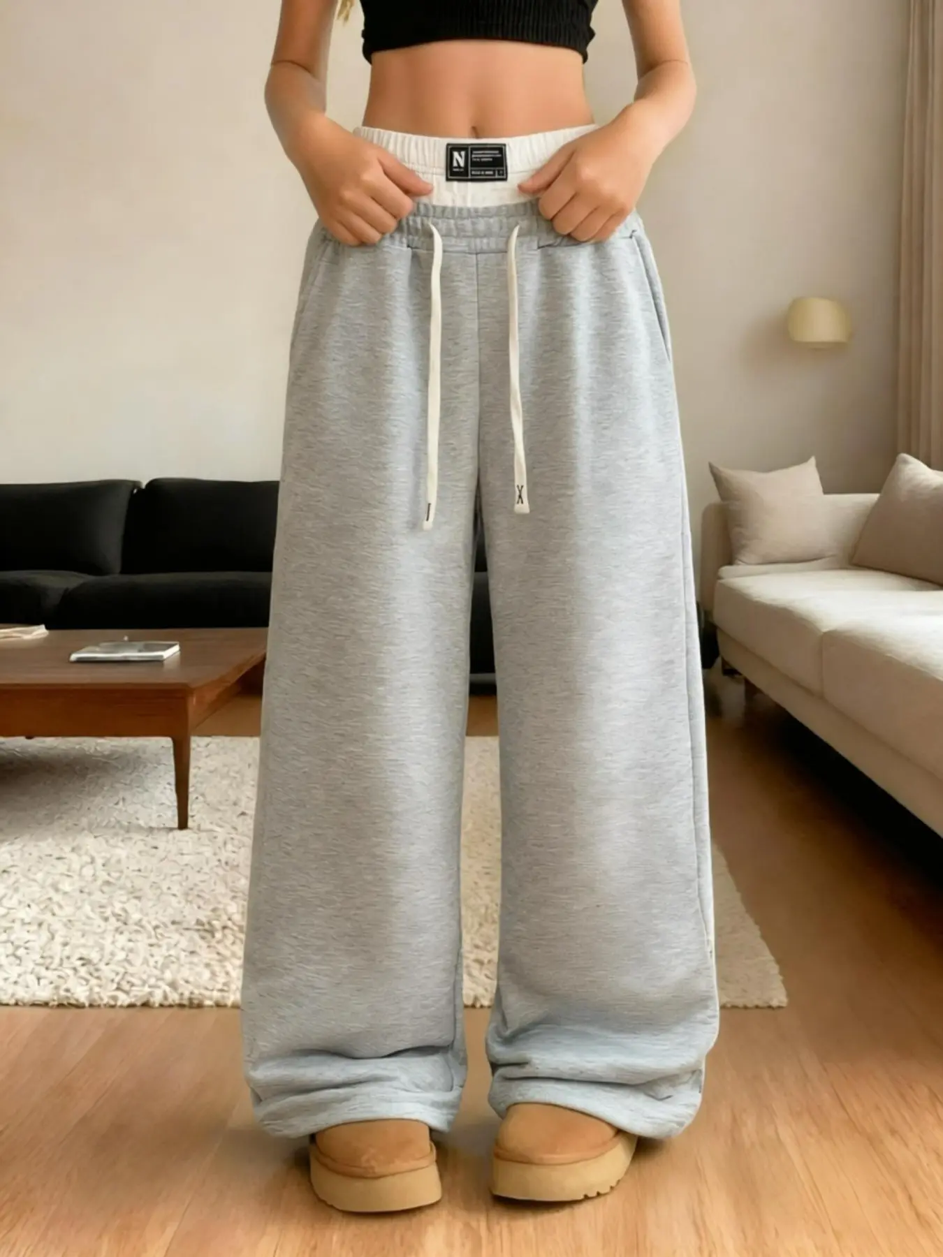 Women's Wide Leg Sweatpants, Double Layer Waistband Drawstring, Loose Fit Casual Street Style, Pockets, Daily Wear