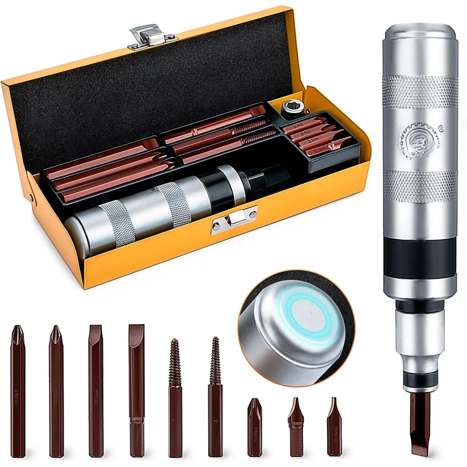 1/ 2inch Manual Reversible Impact Driver Set - 12-piece impact screwdriver made of S2 steel, more durable, capable of removing rusted fasteners or stuck bolts