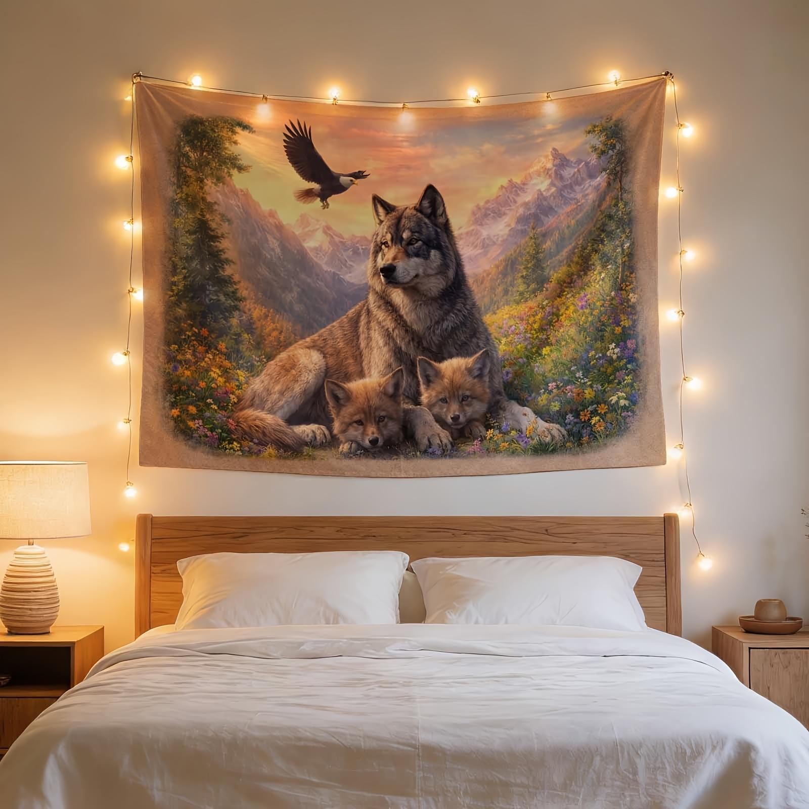 An Elegant Wall Hanging, Wolf with Cubs, Scenic Background, Ideal for Enhancing The Decor of Homes, Dormitories, And Bedrooms