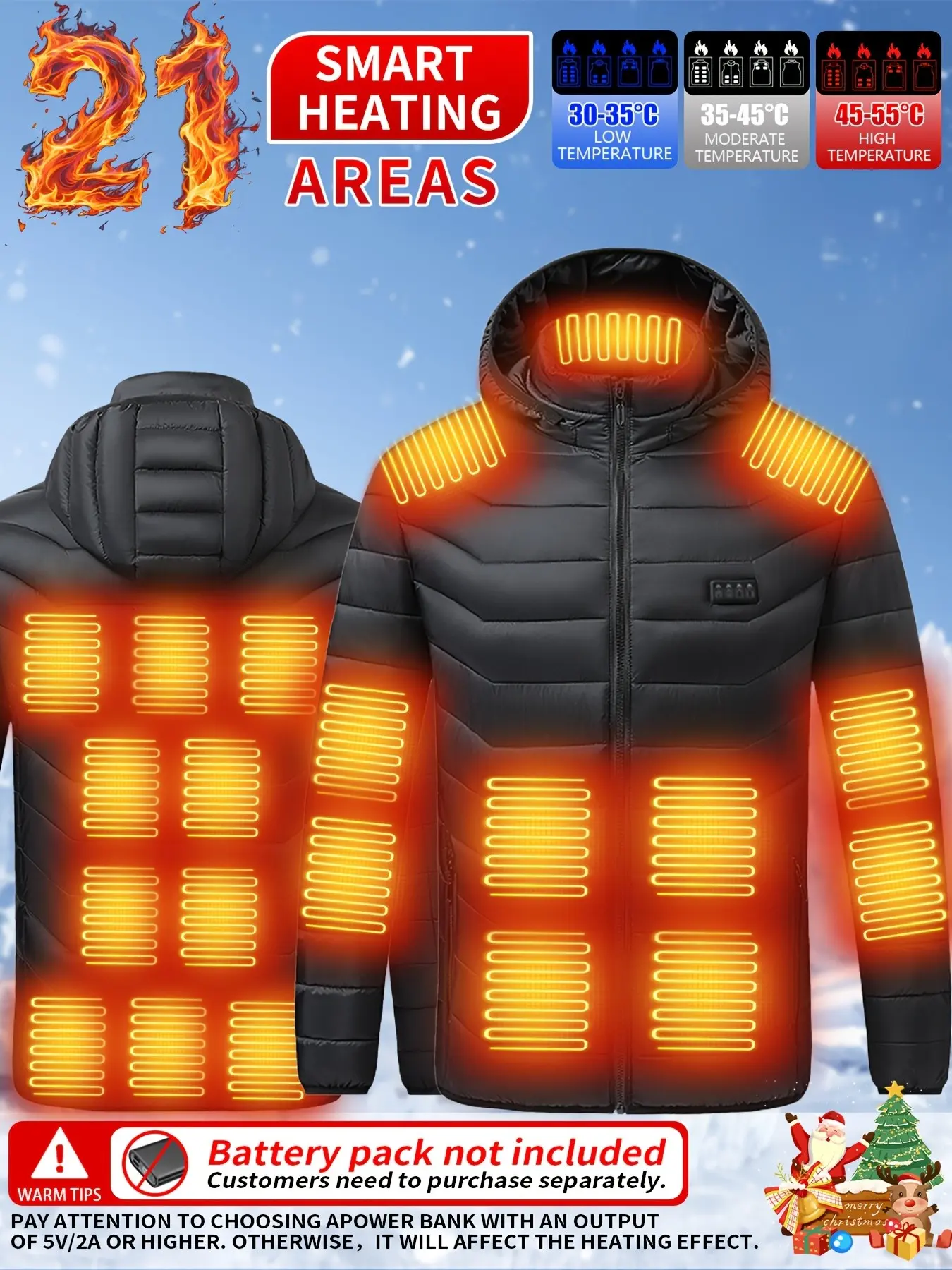 Heated Hooded Jacket for Men and Women, USB Charging Electric Winter Coat, 3-Tier Temperature Control, Ideal for Daily Commute and Outdoor Travel