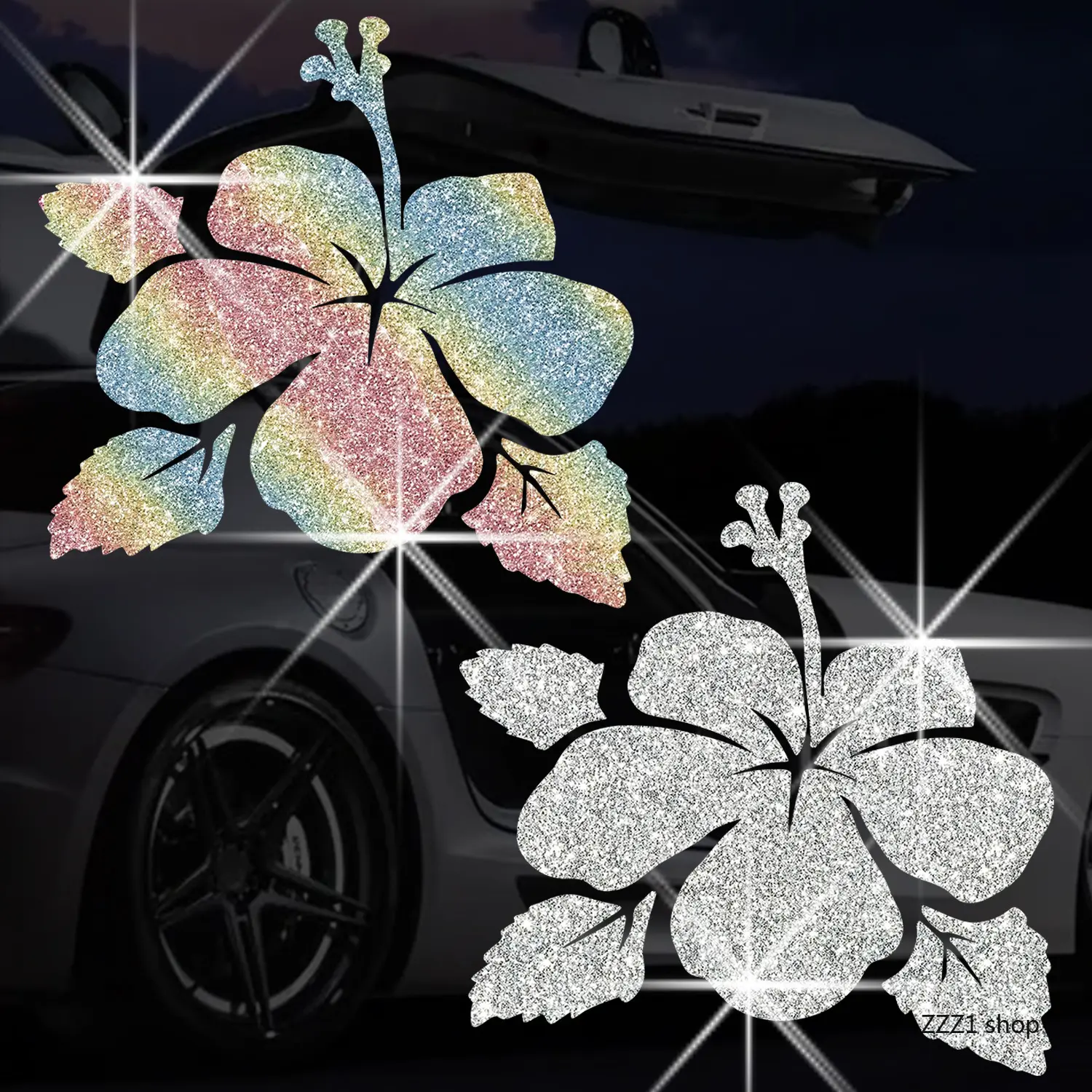 Glitter Hibiscus Car Stickers - Tropical Rainbow Silver Vinyl Decals, Waterproof for Auto Windows, Bumpers, and Laptops, Nylon, Decoration