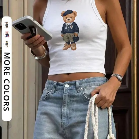 Women's Bear Print Tank Top, Casual Beach Tank, Elastic Slim Fit Round Neck Sleeveless Shirt, Casual Fashion Summer Daily Wear, Trendy and Stylish Womenswear, Casual Sleeveless Crop, Cropped Tank Tops