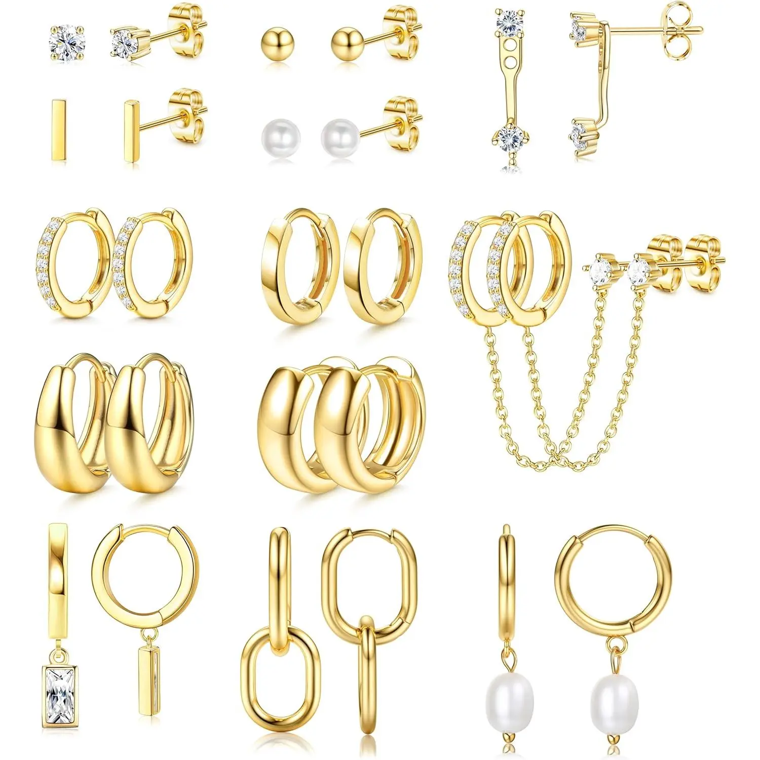 Women's 13-Pair Hypoallergenic Gold-Plated Alloy Small Stud Huggie Hoop Earrings Set - Dainty, Lightweight Basic Elegant Artificial Pearl Female Earrings for Gifting