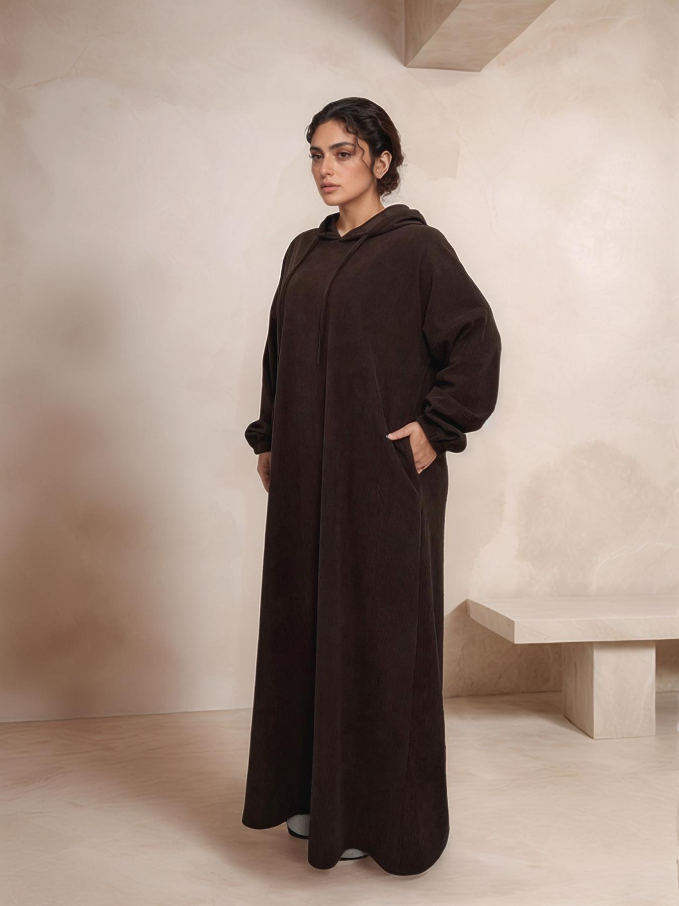 Women's Solid Drawstring Hooded Corduroy Dress, Casual Long Sleeve Dress for Fall & Winter, Women's Islamic Clothing for Daily Wear, Modest Muslim Outfits