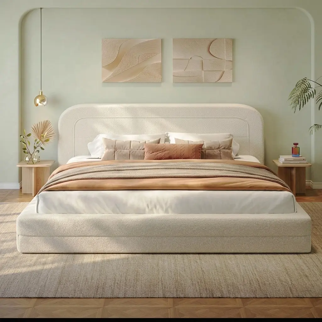 Cloud Marshmallow Boucle Fabric Platform Bed Frame, Ultra-Soft Headboard, Luxury Anti-Collision Round Corners, Durable Metal Slats, Full/Queen/King Size, Beige Indoor Furniture