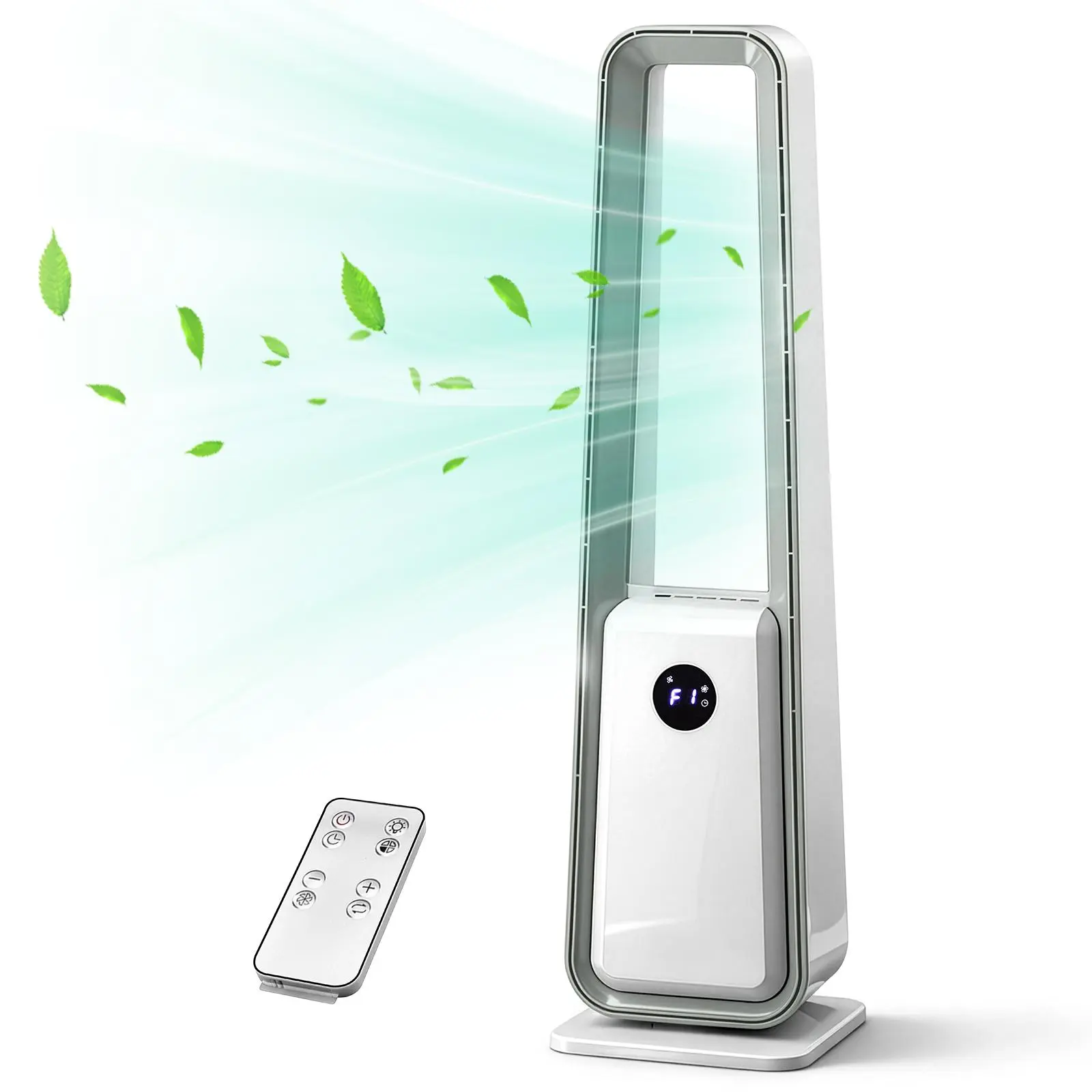 US Standard HTY2204 bladeless fan 110V 36W 35-inch bladeless fan with LED electronic display, black-edged remote control, plastic, aluminum motor, white, 3-speed wind, 12-hour timer, 3 modes, left-right oscillation, air purification, trapezoid