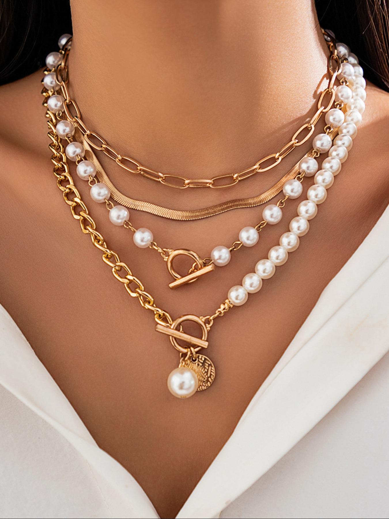 Faux Pearl Decorated Layered Pearl Chain Necklace, Fashion Jewelry for Party, Daily Clothing Decor, Trendy All-match & Exquisite Jewelry for Birthday Gift