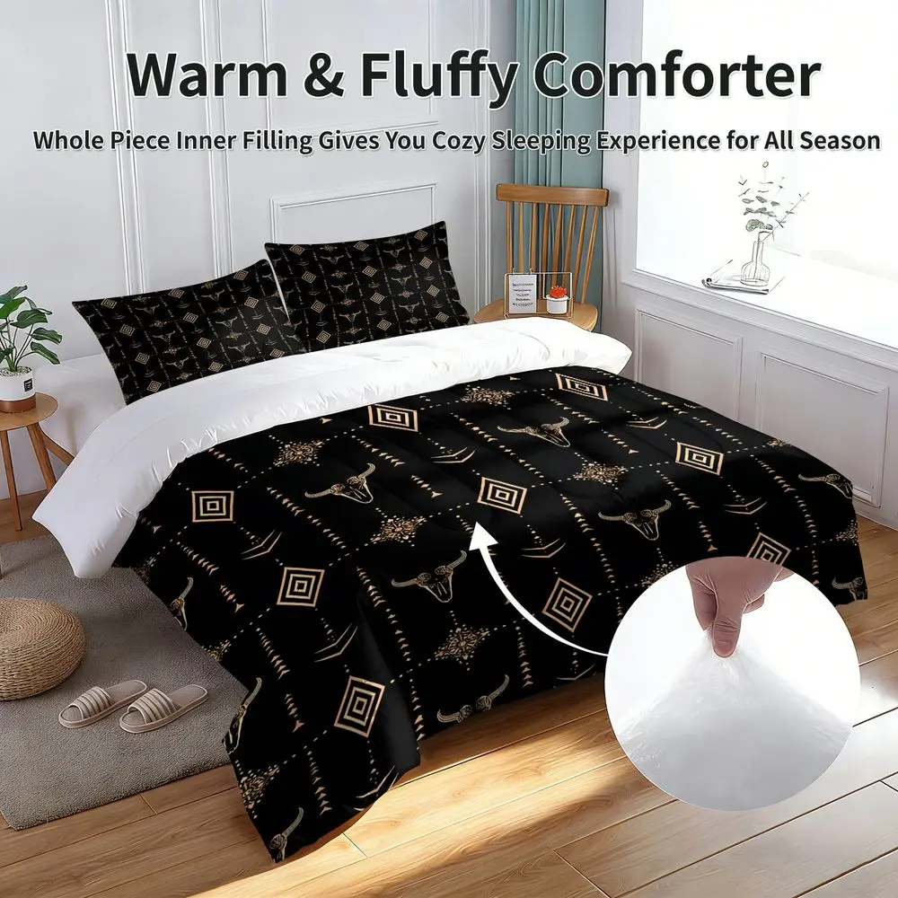 2/3Pcs Boho Western Cow Skull Comforter Set, Geometric Tribal Quilt Bedding Set, Southwestern Black and Gold Bedspread with Pillowcase, Comfy Bedding Sets, Soft All-Season Bed Set for Bedroom Decor No Pillow Core