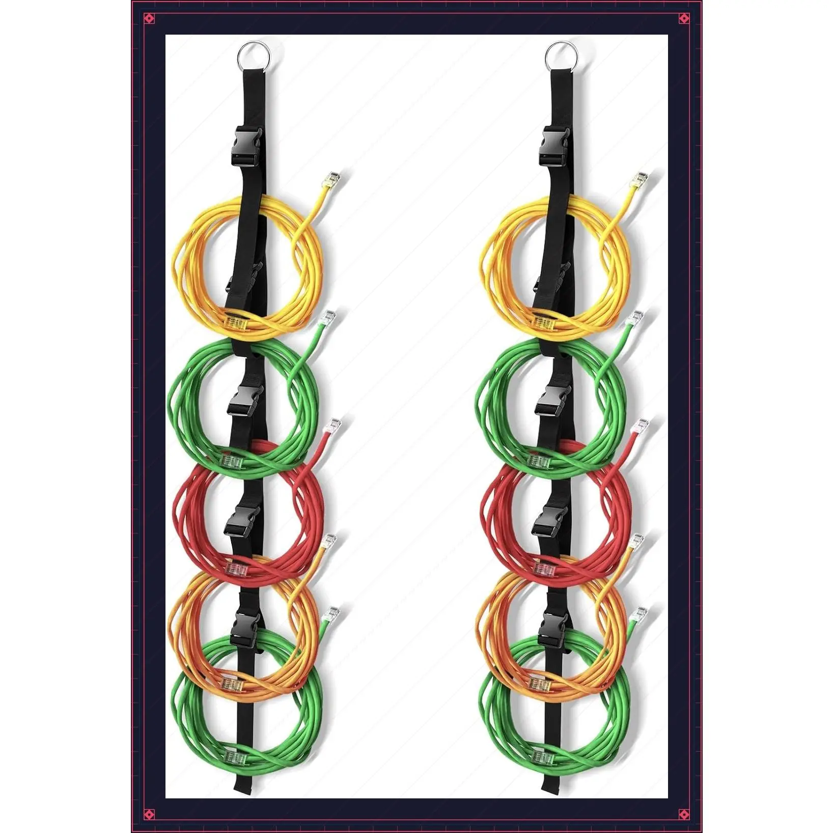 2 Pcs Extension Cord Holder with 5 Slots, Wall Mount Black | Vertical Garage Workshop Carrier, Organizer Strap Fits Cable Hose Rope String Lights, Space Saving Storage RackGift