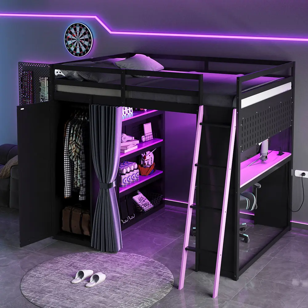 Full Size Wood Loft Bed with Wardrobe, Shelves, Blackout Curtain, RGB Lights - Smart Storage Indoor Bed Frame for Small Spaces, Privacy & Ambience
