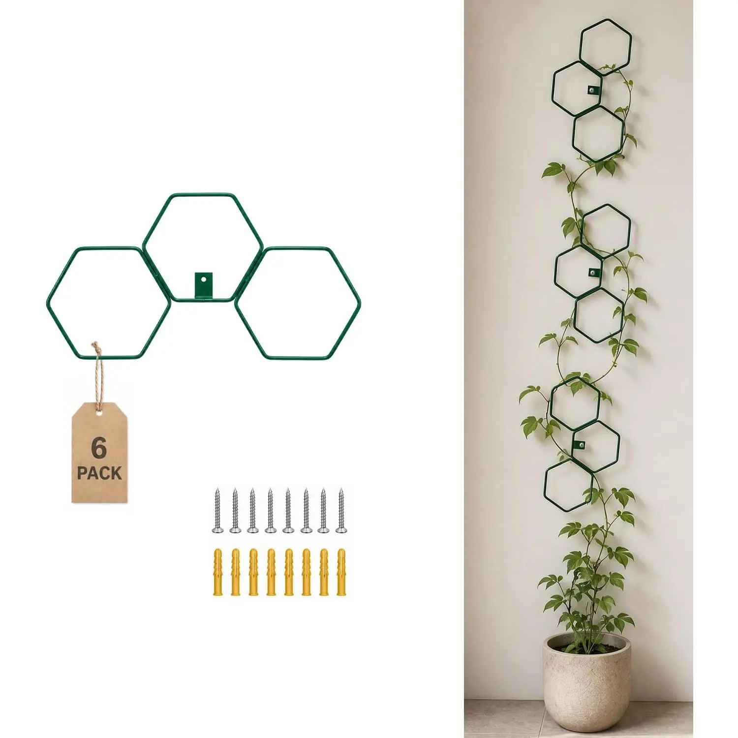 6-Pack Heavy-Duty Hexagonal Metal Wall Trellis for Gardening Climb Support, Modular Garden Decor for Indoor & Outdoor Walls, Anchors & Screws Included