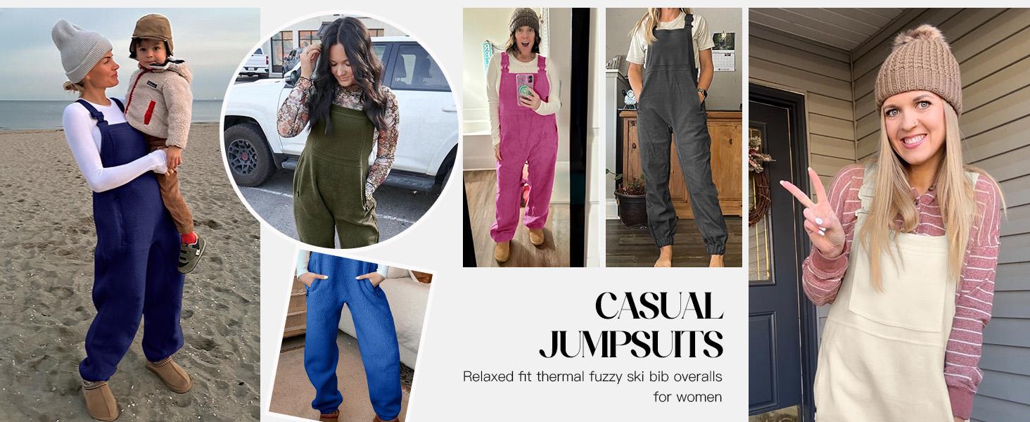 PiePieBuy Women's Warm Overalls Fleece Loose Winter Jumpsuit with Pockets Casual