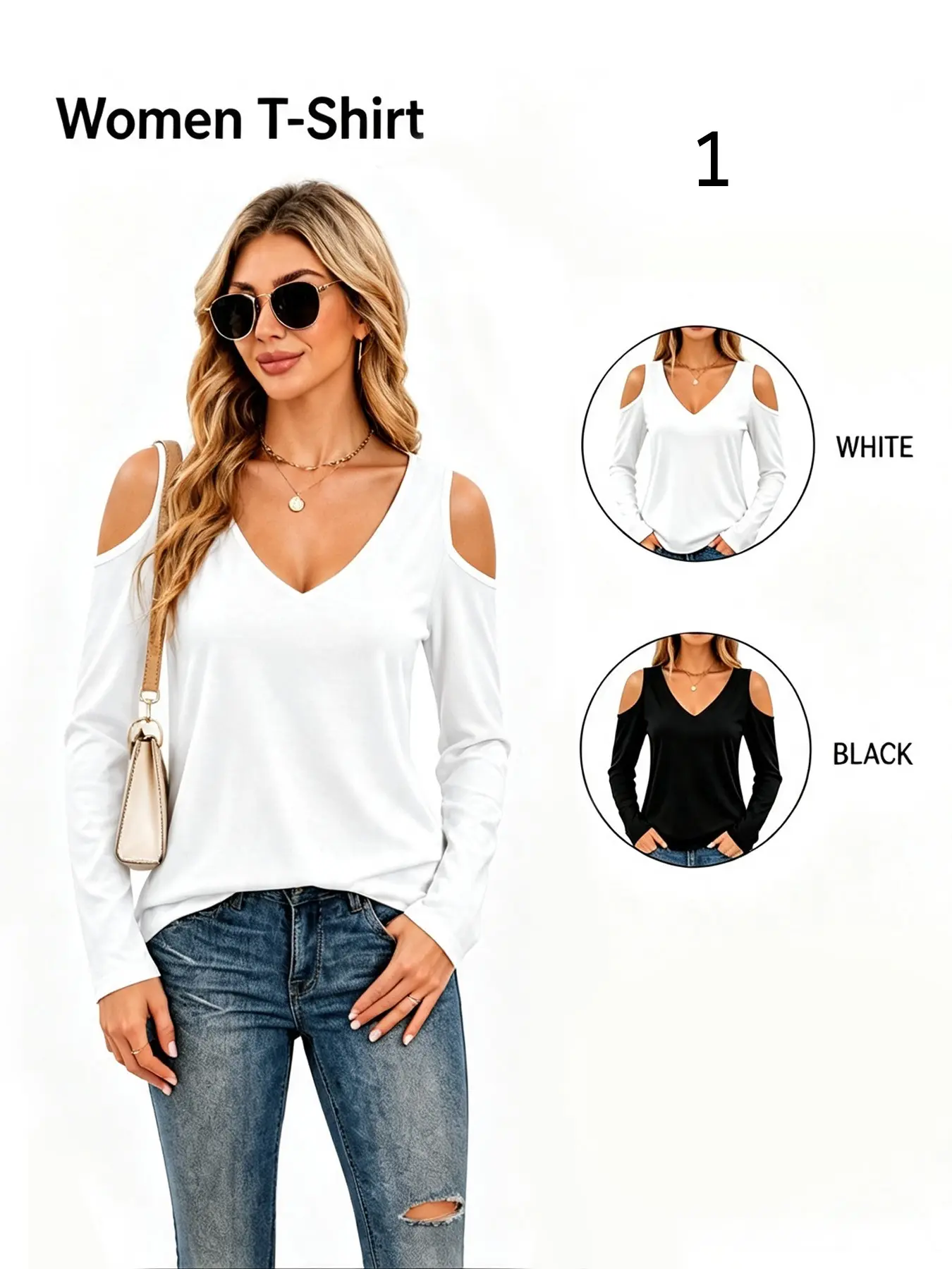 A women's long-sleeve, V-neck, cold-shoulder top featuring a loose, solid-color design with cut-out details. This casual, relaxed-fit piece pairs perfectly with denim shorts, jeans, or casual trousers—making it a versatile staple for everything from every