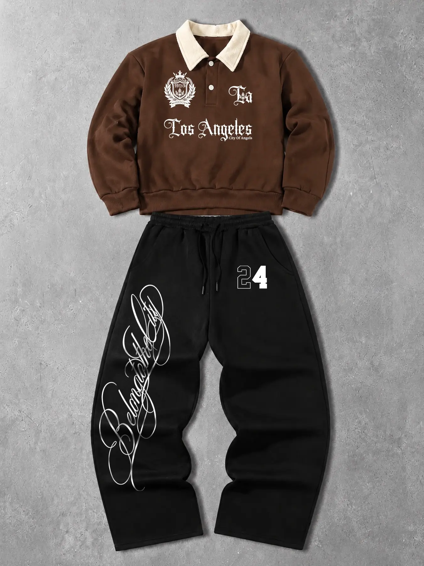 Men's Y2K Gothic Streetwear Polo Sweatsuit Set - Loose Fit Black Long Sleeve Sweatshirt & Baggy Sweatpants 2 Piece Outfits for Fall Winter