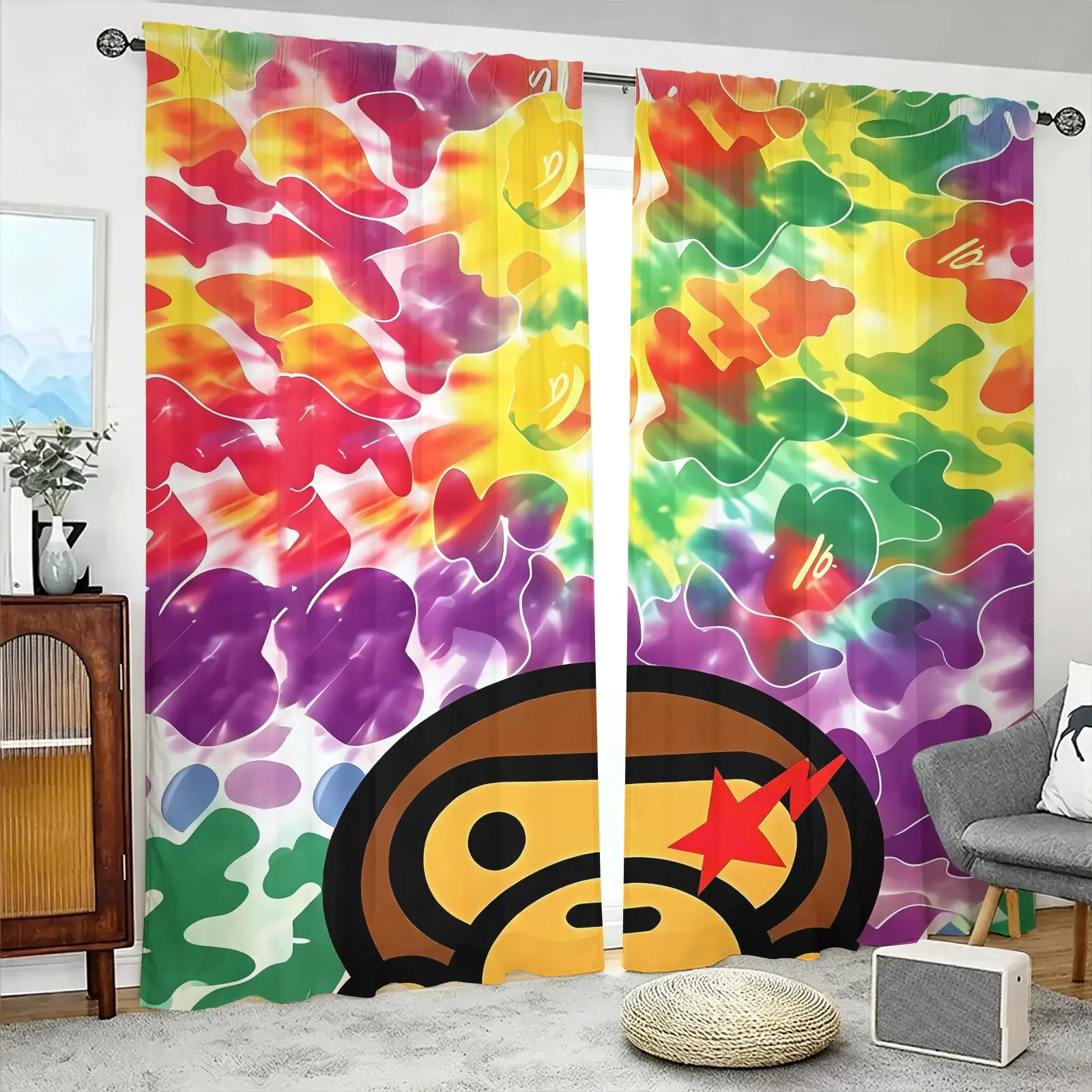 Colorful Rainbow Camo Ape Head Semi-Sheer Light Filtering Curtains, Privacy Protection Soft Diffused Light Brushed Flannel Drapes, Streetwear Camouflage Monkey Print Non-Blackout Rod Pocket Panels, Window Decor for Living Room, Teens Bedroom, Gaming Room