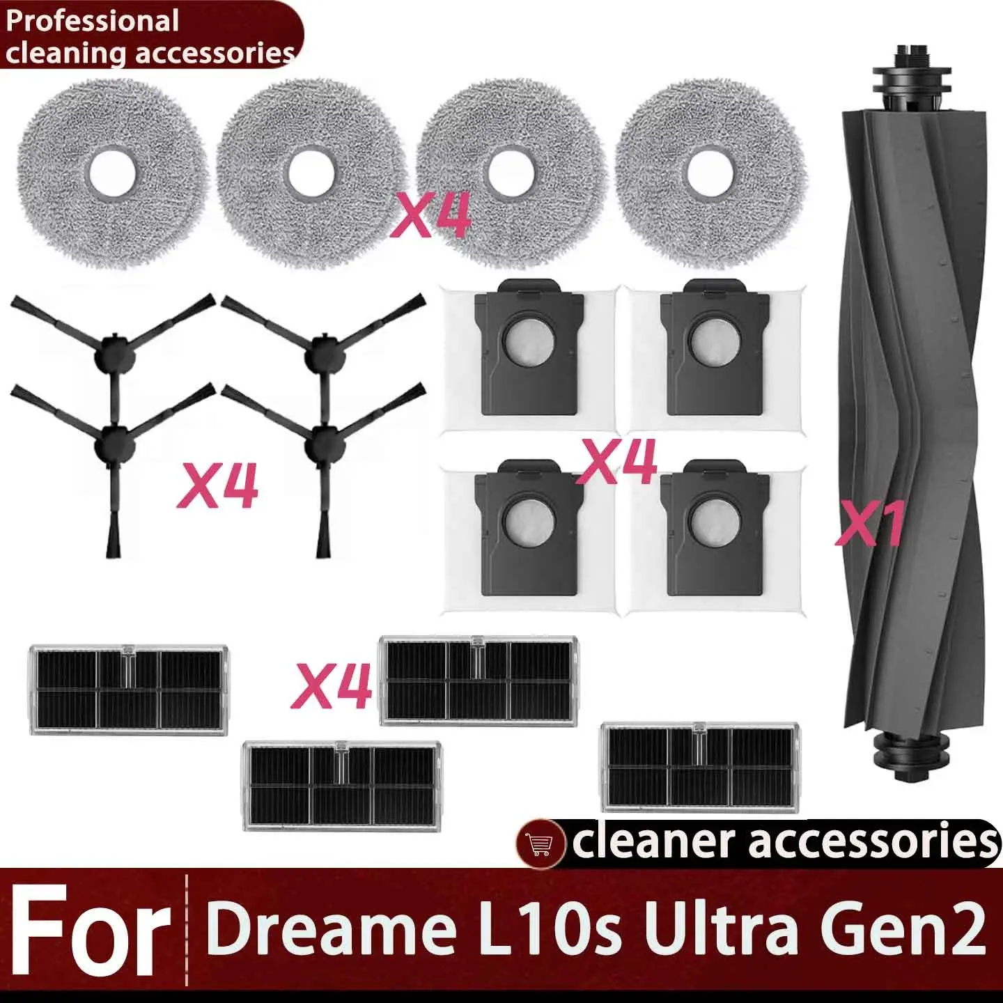 17-Piece Replacement Cleaning Kit for Dreame L10s Ultra Gen2, L10s Pro, X30 Ultra, X30 Pro, Includes Main Side Brush, Filters, Mops, Dust Bags, Edge Brushes