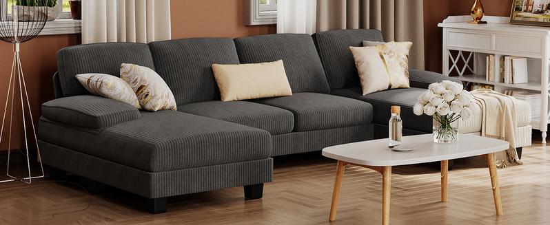 U-Shaped Sectional Sofa with Double Chaise, 4-Seat Couch with Corduroy Upholstery for Living Room or Apartment – Dark Grey