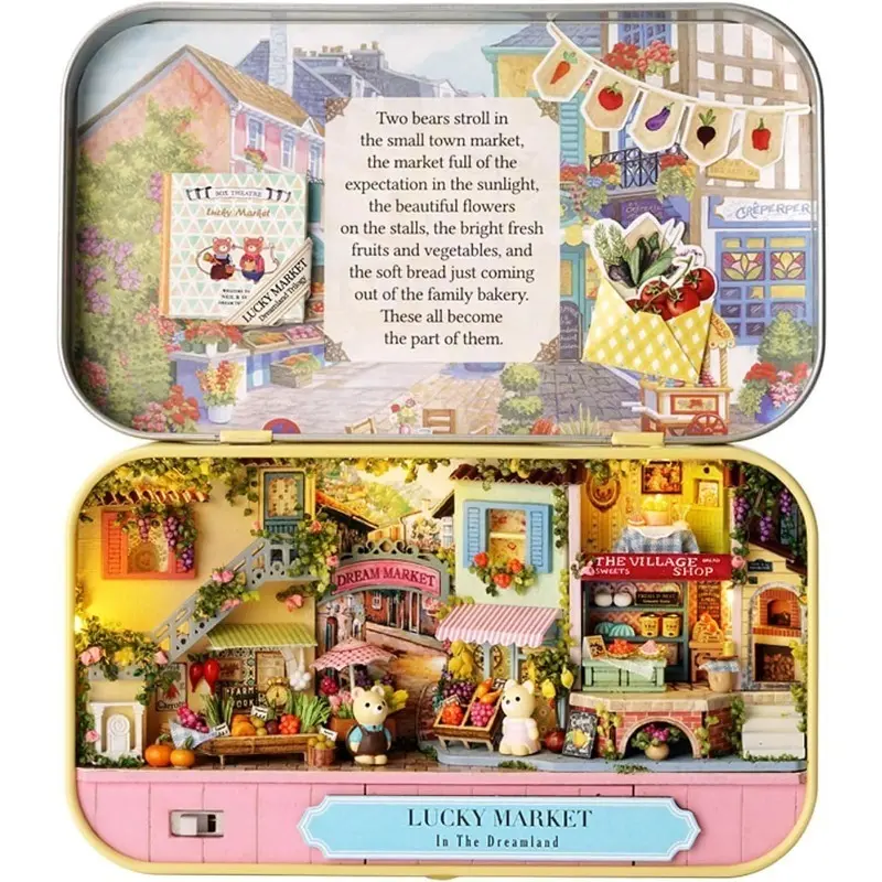 Miniature Dollhouse Kit, 3D DIY Wooden House Building Model Lucky Market Theme with Furniture 1:100 Scale, Creative Craft Room Decor