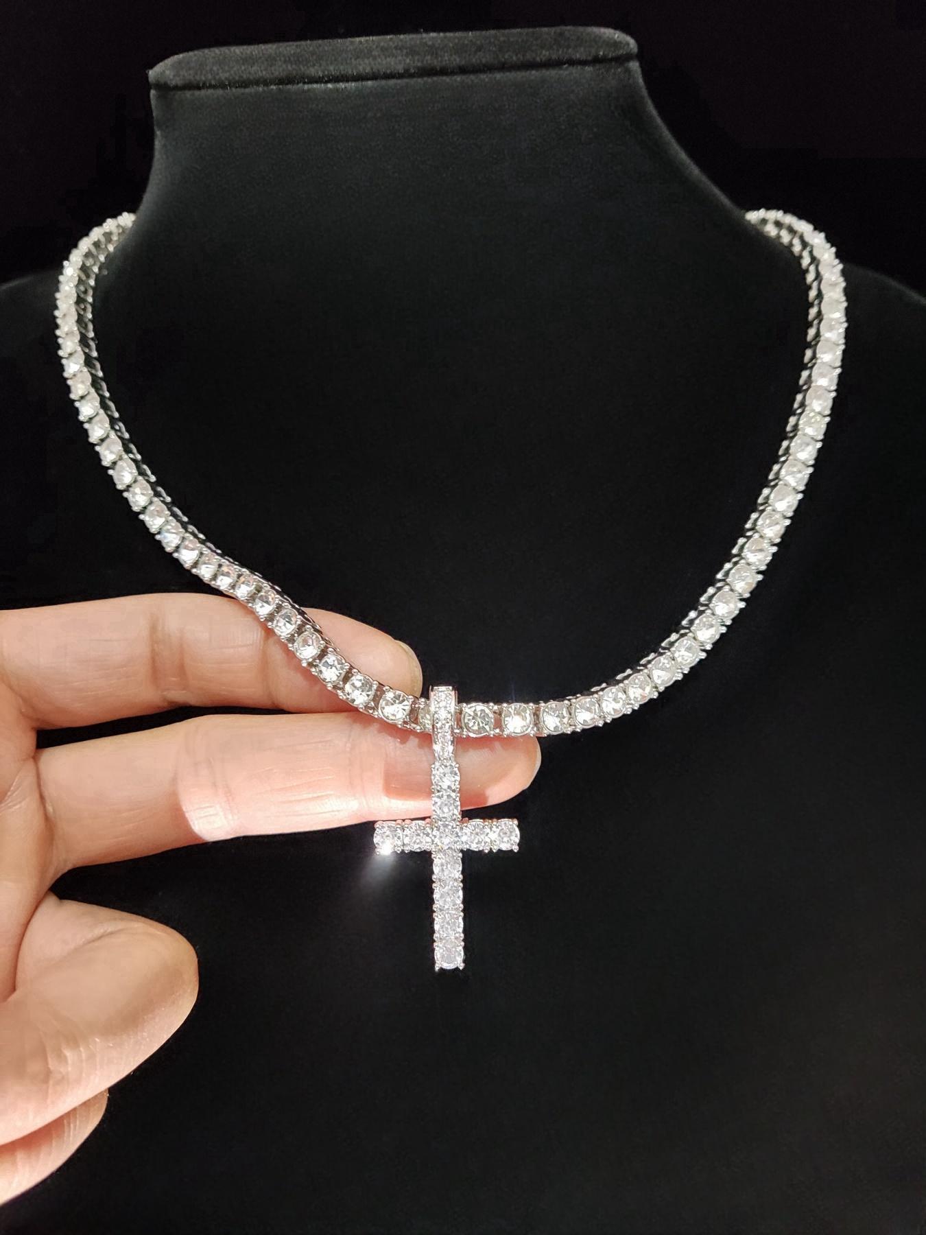 Artificial Zircon Decorated Cross Pendant Necklace & Chain Necklace, Cuban Cross Necklace, Punk Style Jewelry for Party, Daily Decor for Boy, Trendy Exquisite Hip Hop Jewelry for Birthday Gift