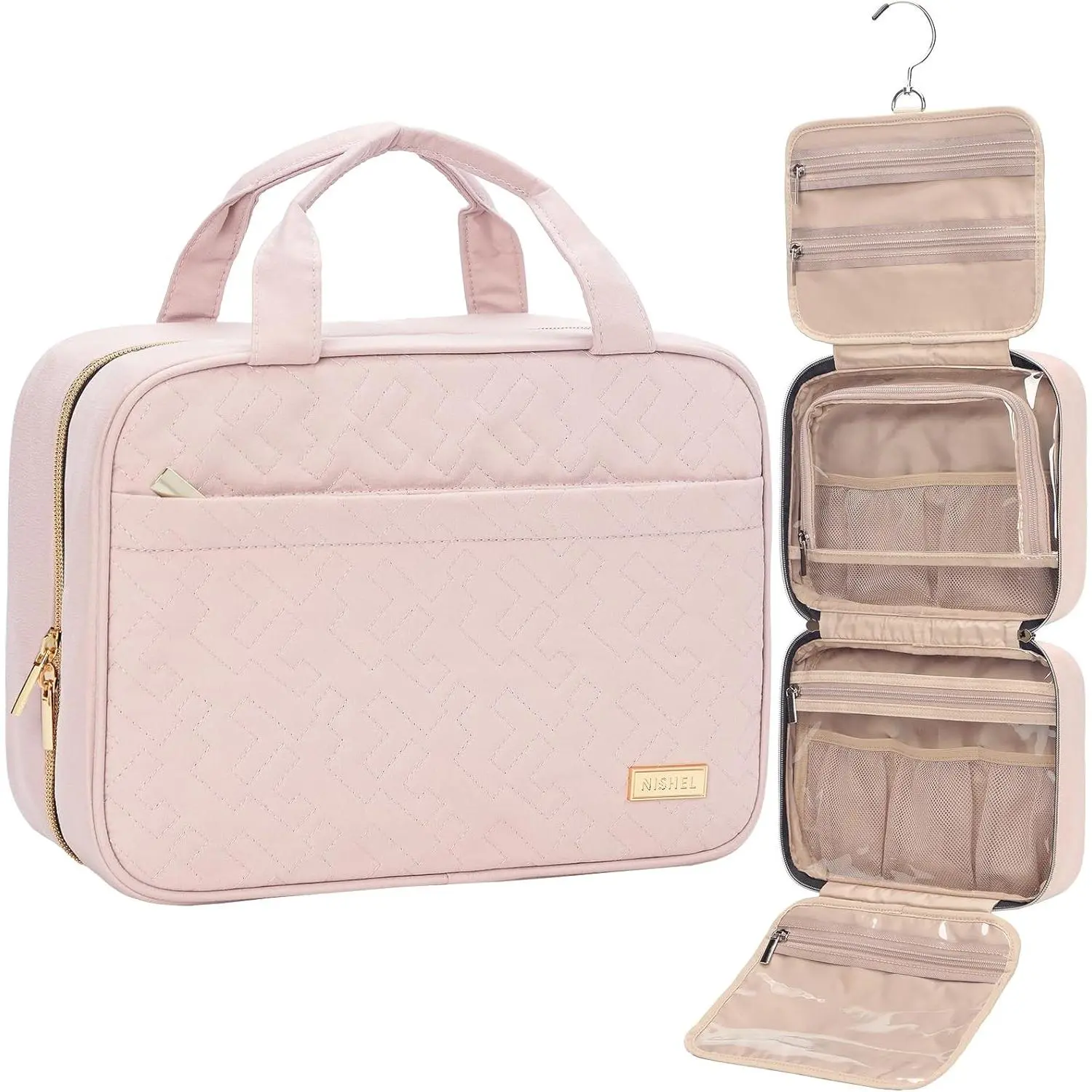 NISHEL Travel Toiletry Bag for women, Portable Hanging makeup Organizer |   for Travel-Sized Shampoo, Conditioner, Brushes Set, makeup Accessories, Medium Size, Pink