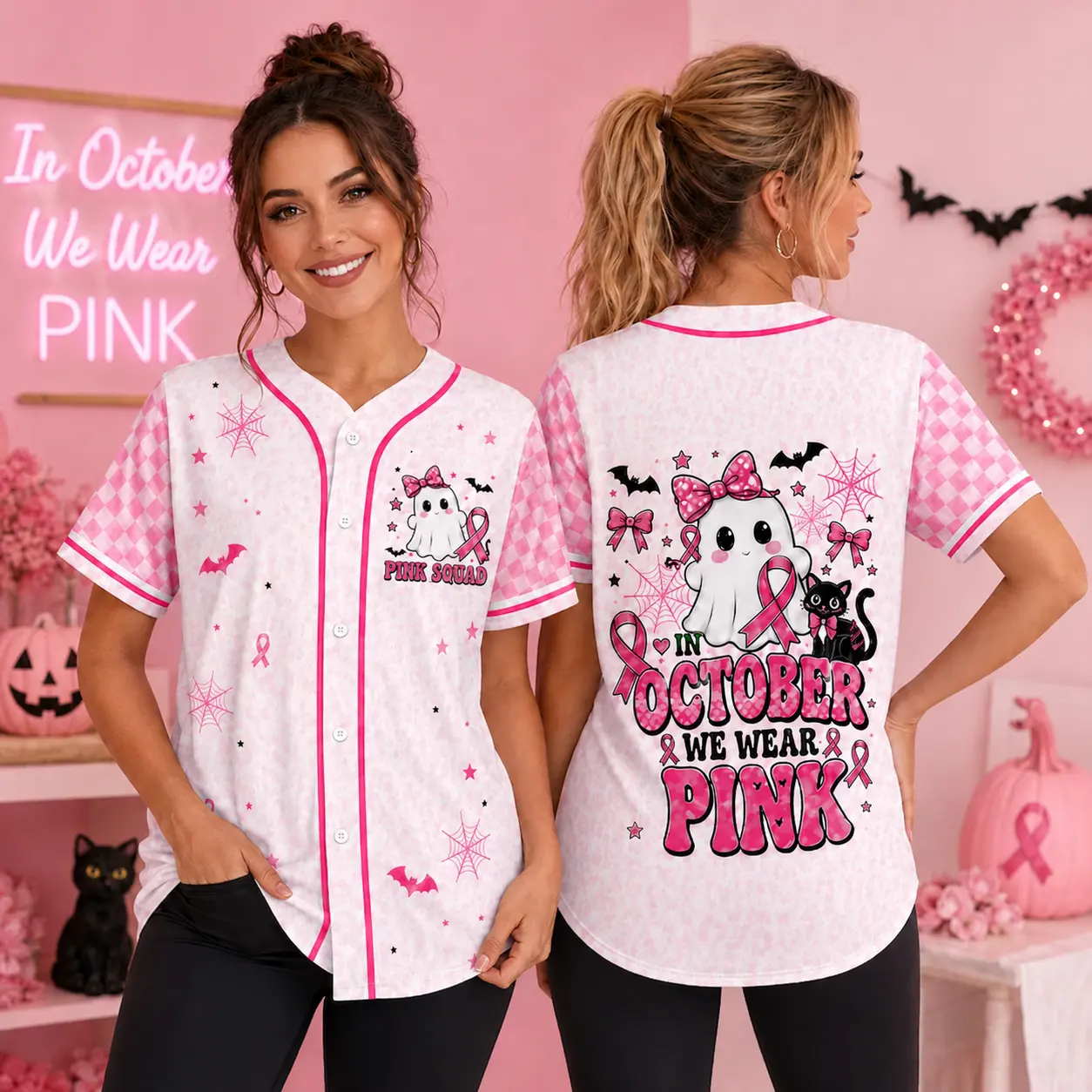 In October We Wear Pink Baseball Jersey for Adults Youth, Breast Cancer Awareness Shirt, Ghost Pink Ribbon Halloween Jersey Shirt, Gift for Her Mom