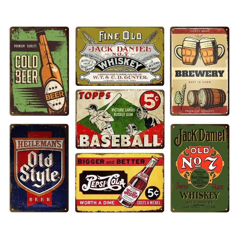 Antique Vintage Beverage Sports Metal Wall Tin Signs, Weathered Retro Brand Advertisement Decorative Plaque For Home Bar Decor, Beer Bar, Man Cave, Workshop, Backyard Wall Decoration Gift For Collectors Set 7Pcs