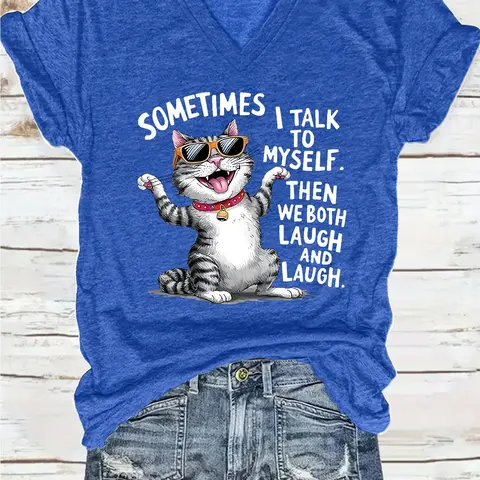Women's Cat Graphic Print V Neck Tee, Casual Fashion Short Sleeve T-shirt, Ladies Summer Clothes for Daily Wear, Top